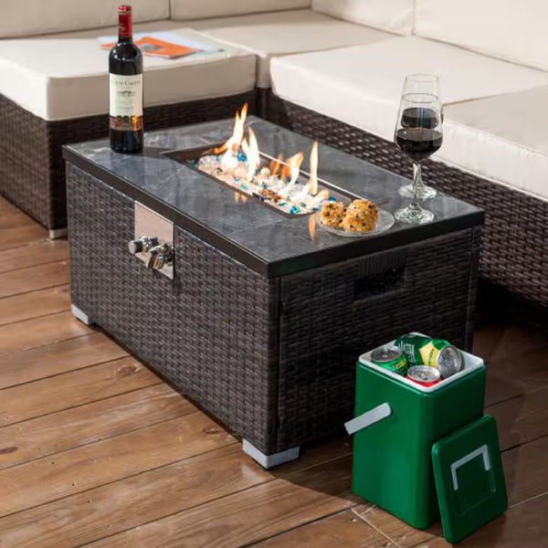 Propane Fire Pit Table Built for Year-Round Gatherings, 40,000 BTU Auto-Ignition, Rattan Base, Blue Glass
